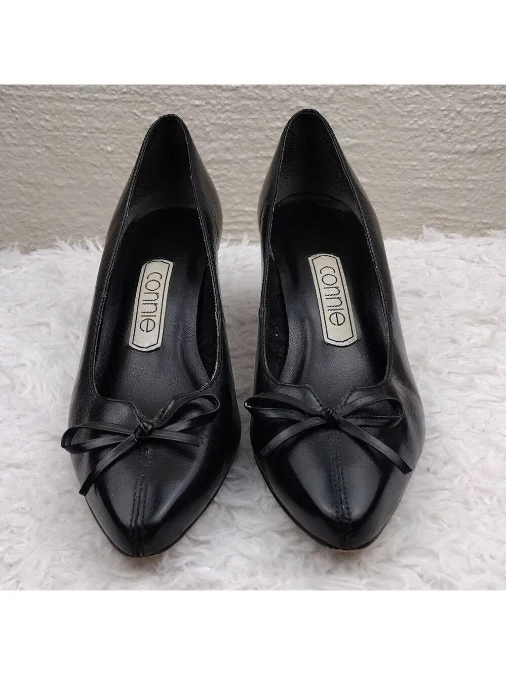 Connie Celia Black Leather Faux Bow Upper Pointed-Toe Kitten Heel Slip On Shoe
